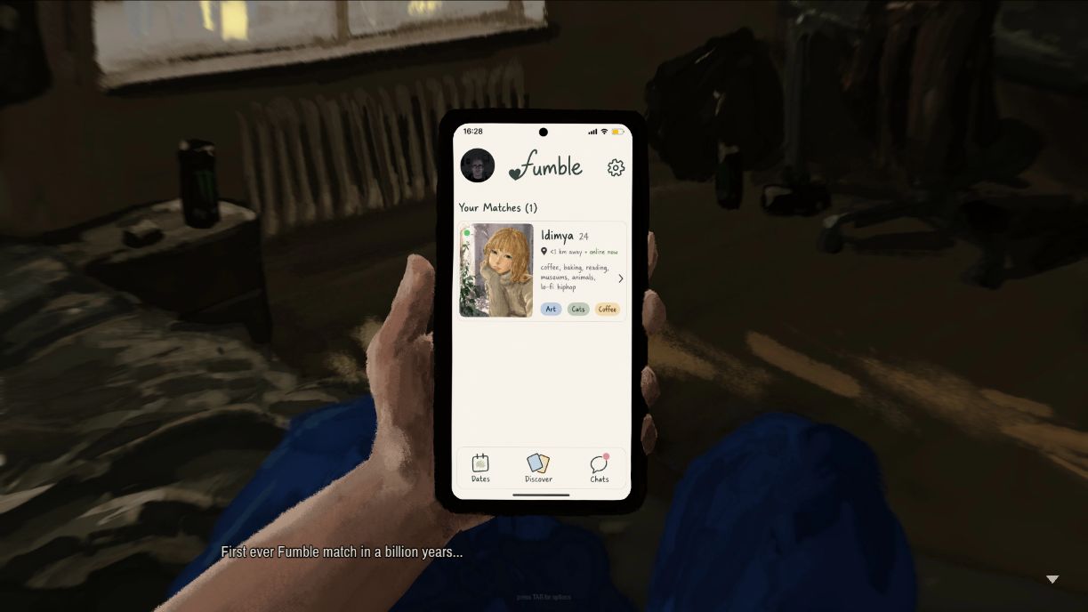 Locally tested opening scene showing the character’s first dating-app match on a phone